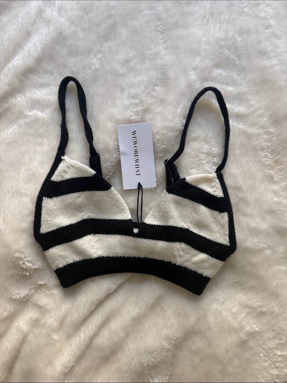 WeWoreWhat Black & Cream Striped Knit Bralette